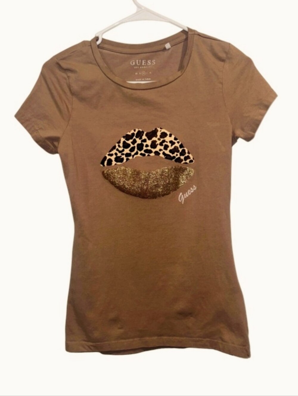 GUESS Brown Tee with Leopard Upper Lip and Gold Glitter Lower Lip